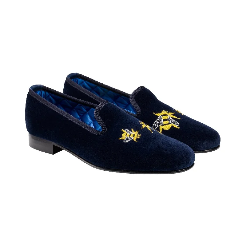 wedding dress shoes with leather finish-Bees Navy Velvet