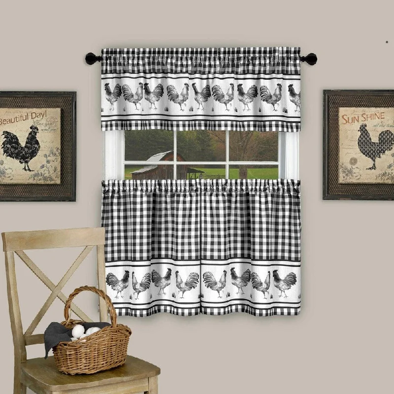 Men's tie for smart office look-3 Piece Barnyard Buffalo Check Rooster Tier and Valance Curtain Set- 24" Black - 24 inch