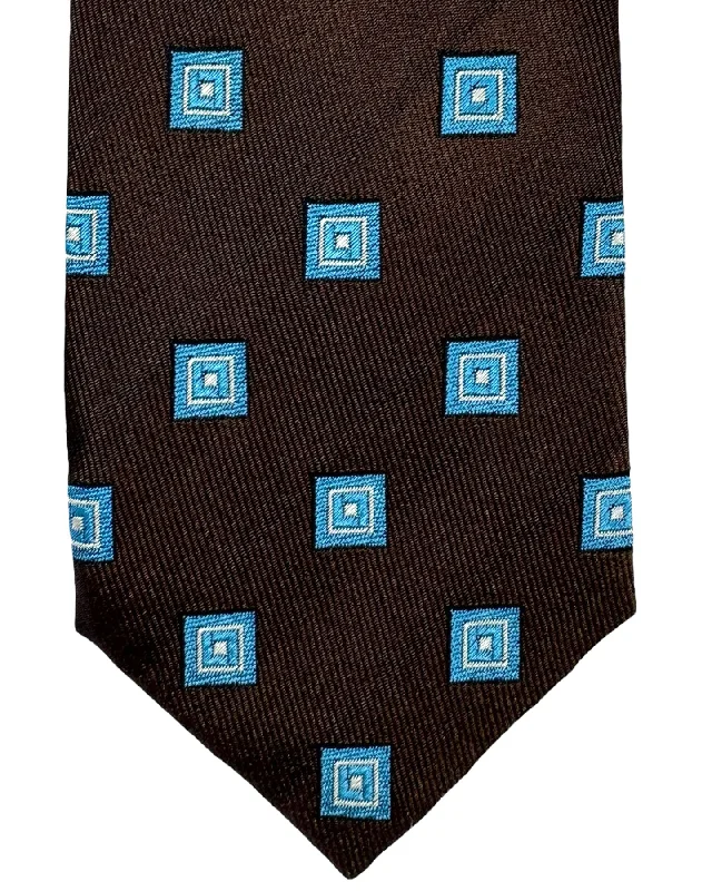 Men's tie for a formal lunch event-Barba Sevenfold Tie Brown Aqua Silver Squares Design - Sartorial Neckwear