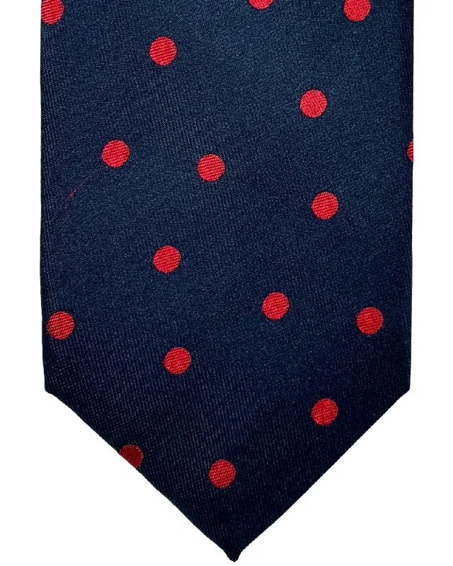 Men's tie with floral embroidery for weddings-Barba Sevenfold Tie Midnight Blue Dark Red Dots Design - Sartorial Neckwear