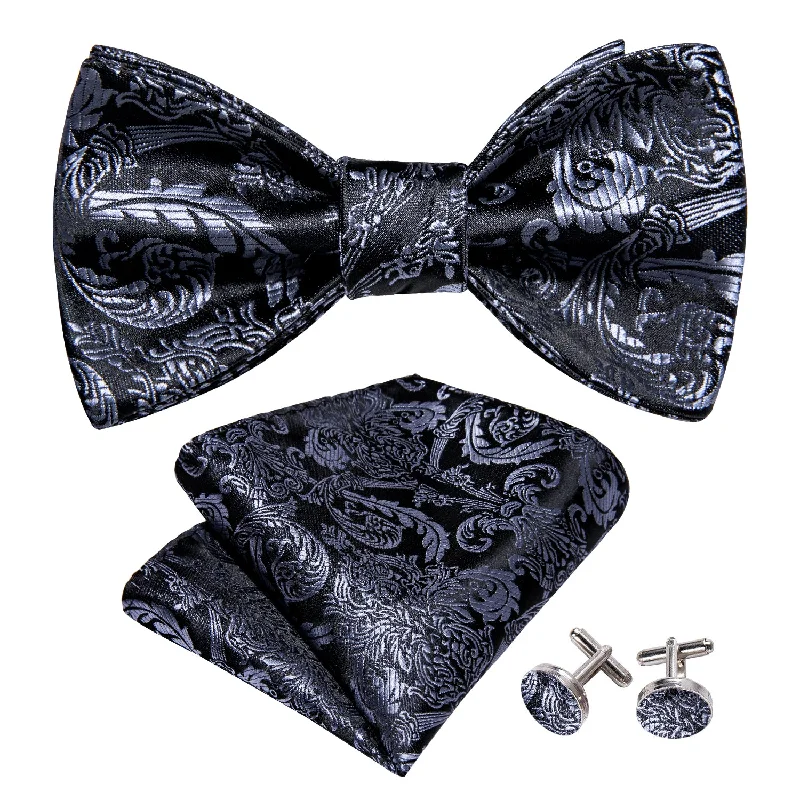 Best silk tie for spring and summer events-Barry.wang Black Tie Silver Floral Self Tie Bow Tie Hanky Cufflinks Set