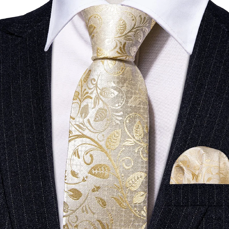 Elegant men's tie for office meetings-Barry.Wang Floral Boys Tie Children Champagne Gold Kid Tie Hanky Set