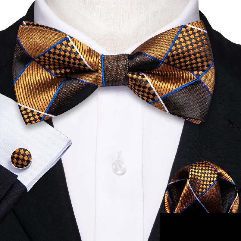 Best tie for business professionals-Barry.wang Gold Tie Black Plaid Silk Men's Pre-tied Bow Tie Hanky Cufflinks Set