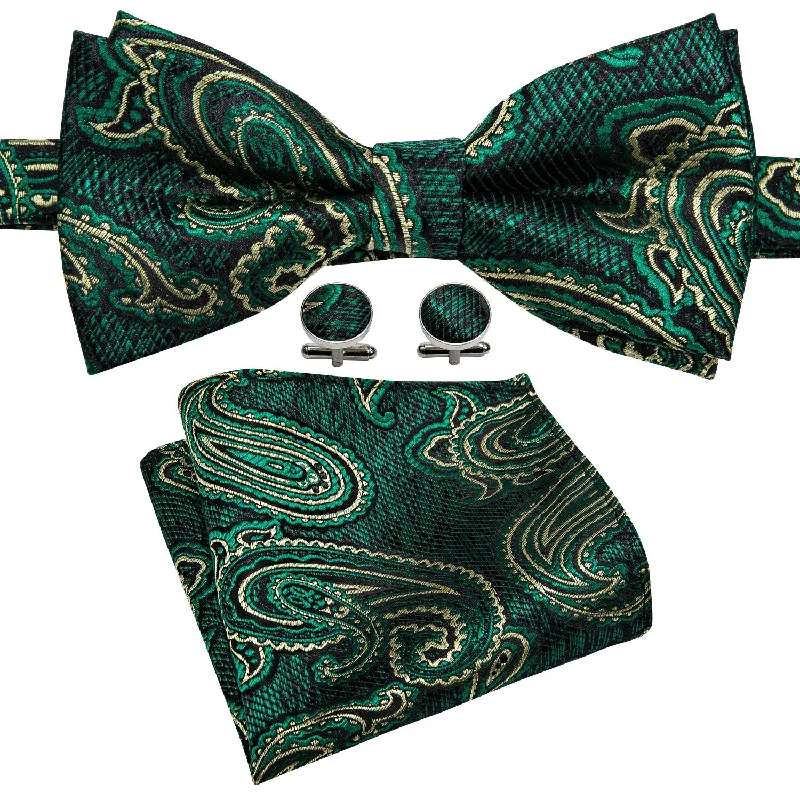 Men's tie for a formal lunch event-Barry.wang Green Tie Floral Men's Pre-tied Bow Tie Hanky Cufflinks Set