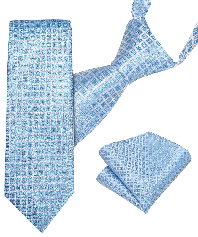 Unique men's tie for formal occasions-Barry.wang Kids Tie Baby Blue Jacquard Plaid Children's Tie Hanky Set