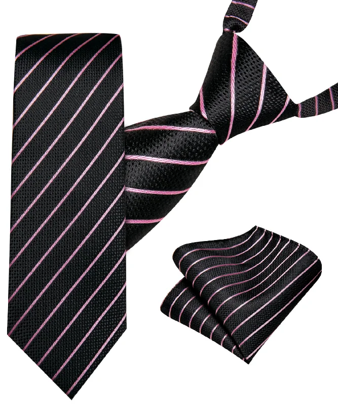 Men's tie for elegant corporate events-Barry.wang Kids Tie Black Pink Striped Children's Tie Hanky Set Hot