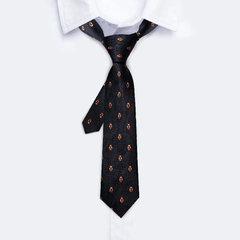 Stylish silk tie for office professionals-Barry.wang Kids Tie Black Print Owl Children Tie Pocket Square Set