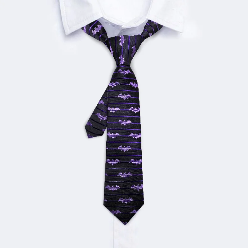 Men's tie for luxury weddings-Barry.wang Kids Tie Black Purple Bat Children Tie Pocket Square Set