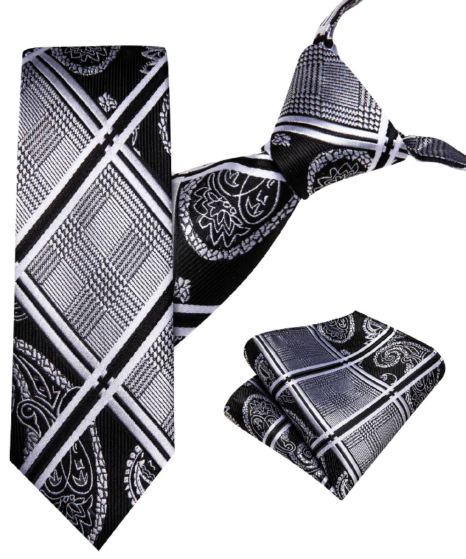 Men's tie with intricate jacquard design-Barry.wang Kids Tie Black White Floral Children's Silk Tie Hanky Set