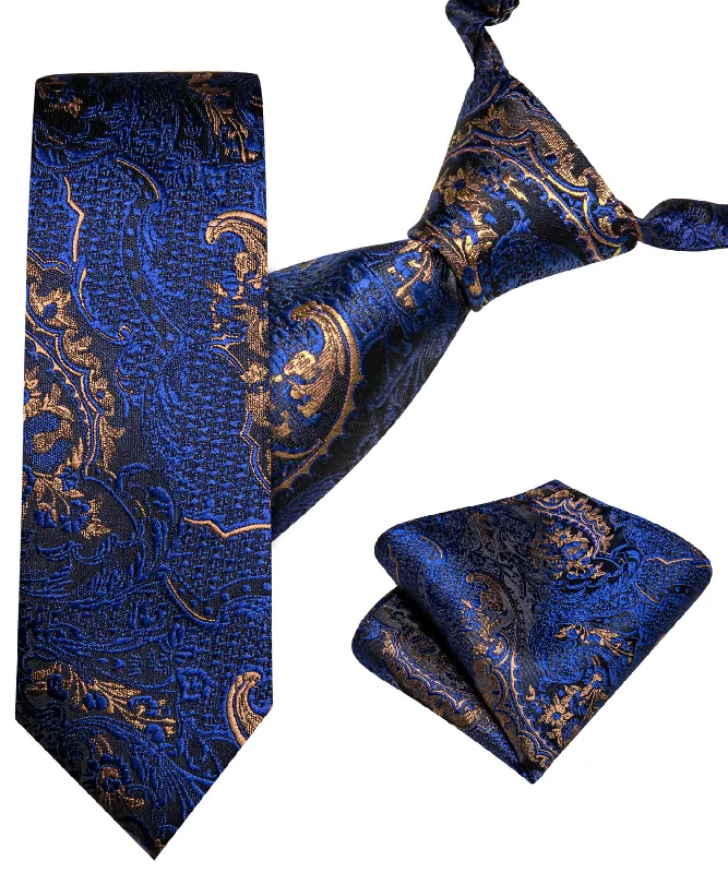 Stylish men's tie with stripes for work-Barry.wang Kids Tie Blue Brown Floral Children's Silk Tie Hanky Set