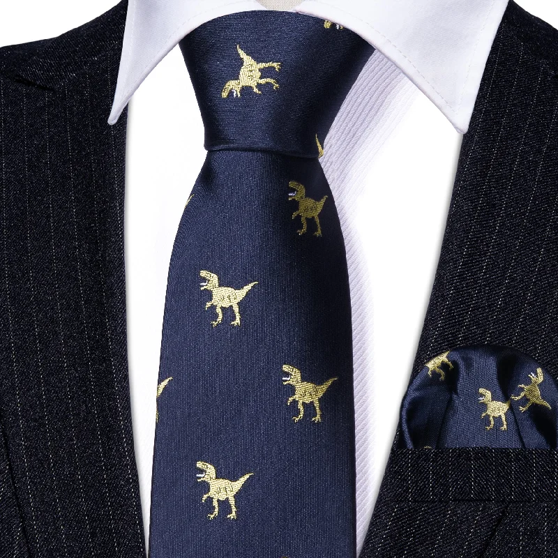 Men's tie with a subtle floral print-Barry.wang Kids Tie Blue Dinosaur Silk Children Tie Pocket Square Set