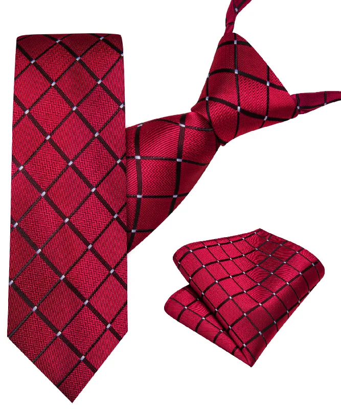 Elegant men's tie for the office-Barry.Wang Kids Tie Crimson Red Black Plaid Children's Silk Tie Hanky Set