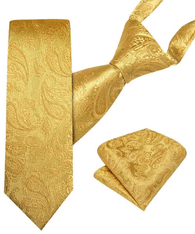 Men's tie with modern stripes for business-Barry.Wang Kids Tie Gold Woven Paisley Children's Silk Tie Hanky Set