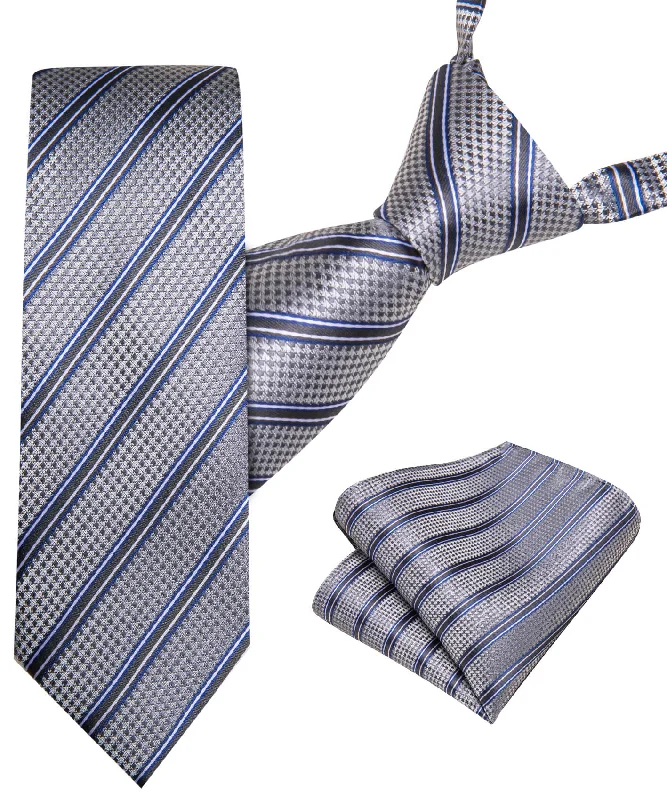 Men's tie with a bold color block-Barry.wang Kids Tie Grey Blue Striped Children's Silk Tie Hanky Set