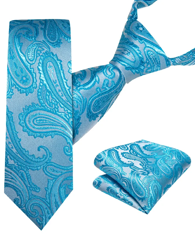 Men's tie with vibrant floral print-Barry.wang Kids Tie Light Blue Paisley Children's Tie Pocket Square Set