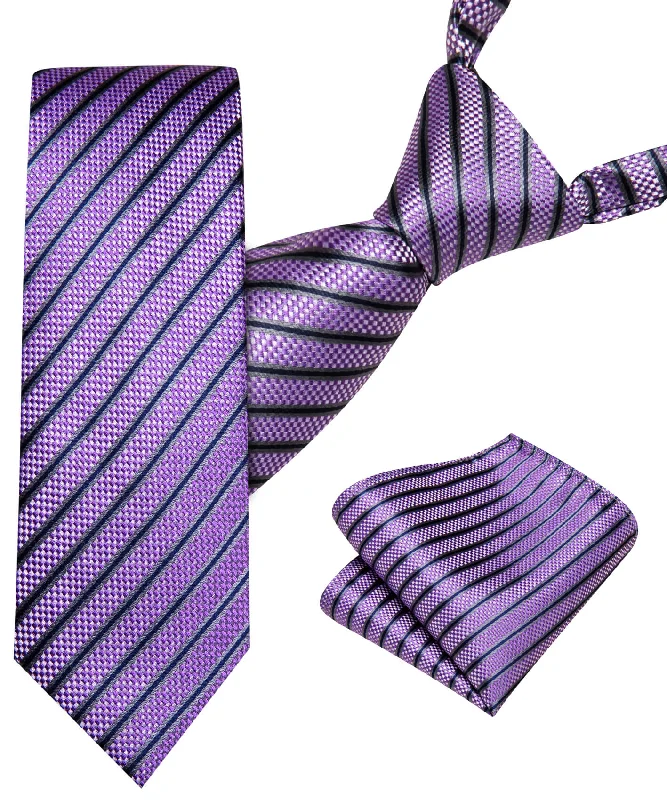 Stylish patterned tie for casual office wear-Barry.wang Kids Tie Purple Blue Grey Striped Children's Silk Tie Hanky Set