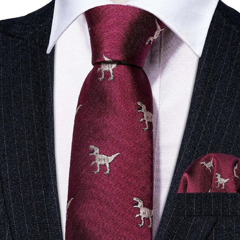 Unique men's tie with polka dots-Barry.wang Kids Tie Red Dinosaur Children Silk Tie Pocket Square Set