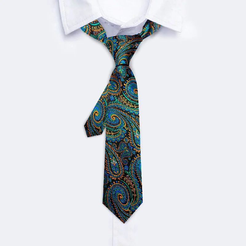 Men's tie with vibrant colors-Barry.wang Kids Tie Teal Blue Orange Paisley Silk Tie Handkerchief Set