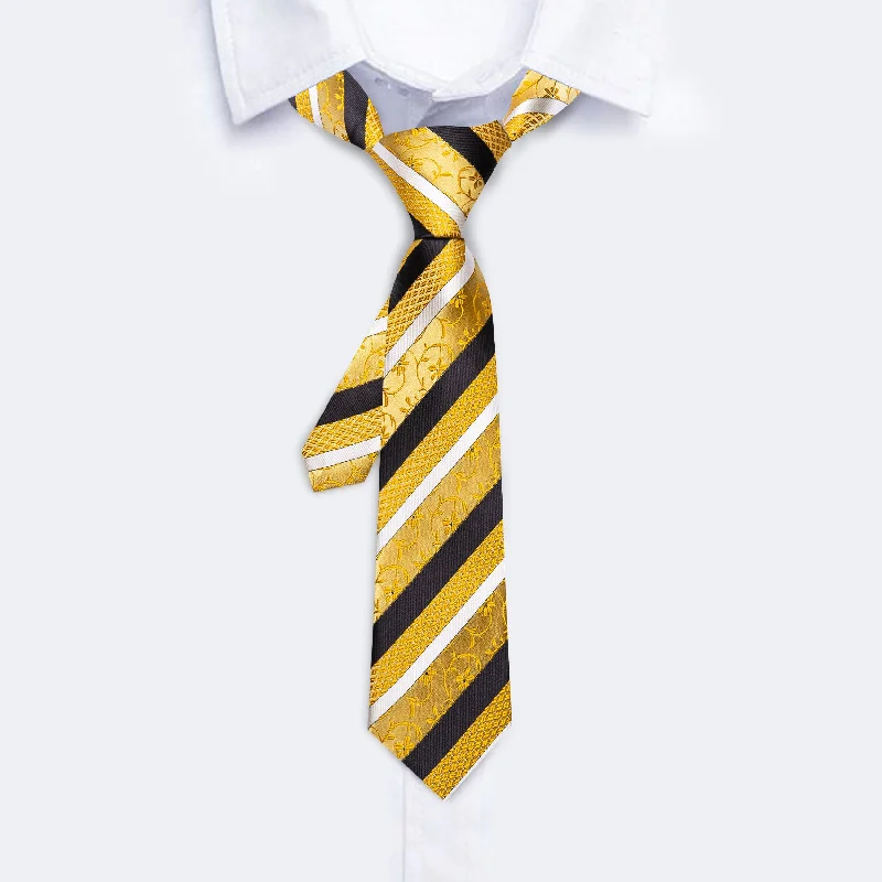 Men's tie with warm color tones for fall-Barry.wang Kids Tie Yellow Black Striped Children Tie Pocket Square Set