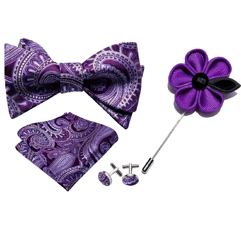 Best men's tie for a black tie dinner-Barry.wang Purple Tie Paisley Self Tie Bow Tie Hanky Cufflinks Set Classic Hot