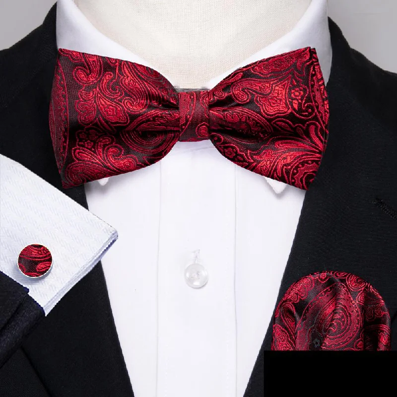 Stylish silk tie for dinner parties-Barry.wang Red Tie Burgundy Paisley Pre-tied Bow Tie Hanky Cufflinks Set