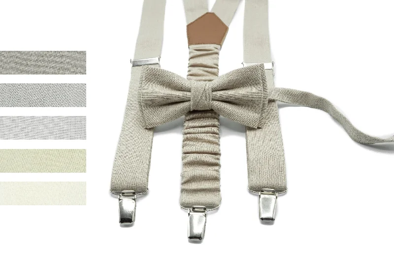 Professional men's silk tie-Beige Bow Tie and Suspender Set - Groom's Bow Tie, Beige Suspender - Perfect for Weddings and Special Occasions