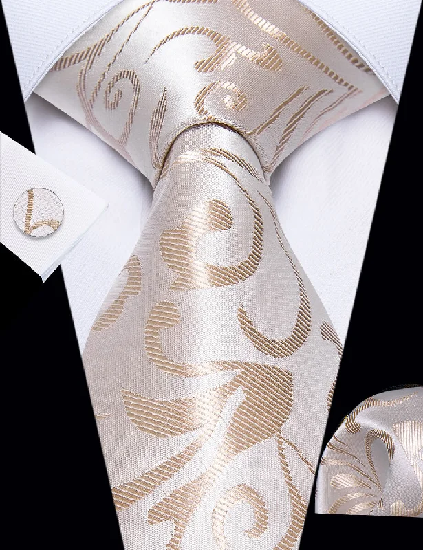 Classic navy men's tie-YourTies Beige Champagne Floral Leaf Men's Necktie Hanky Cufflinks Set