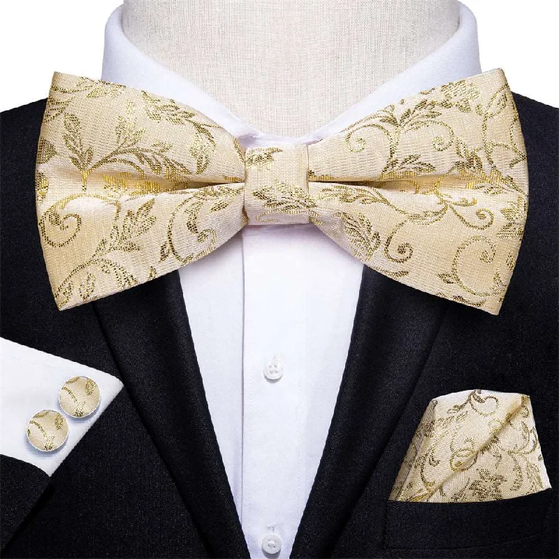 Men's tie with fine fabric for corporate events-Beige Gold Floral Pre-tied Bow Tie Pocket Square Cufflinks Set