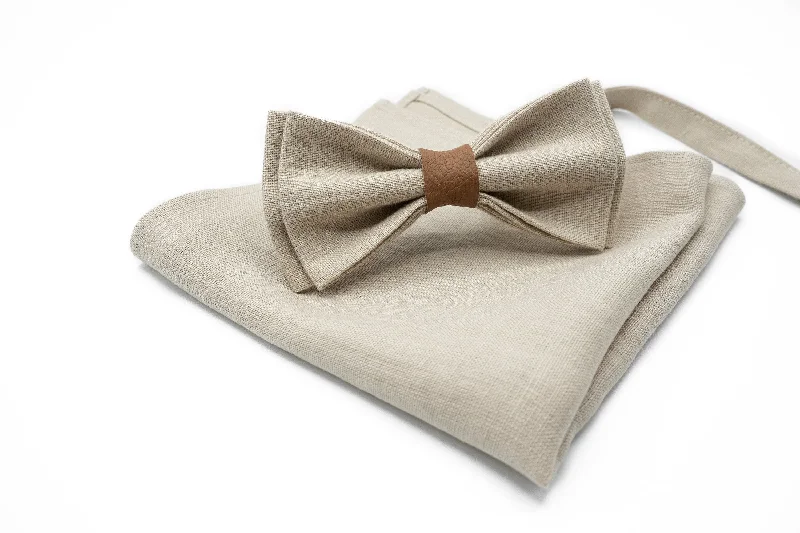 Best men's tie for casual office wear-Beige Groomsmen Bow Tie & Optional Pocket Square/Suspender Set - Linen Wedding Accessories - Handcrafted Formal Wear