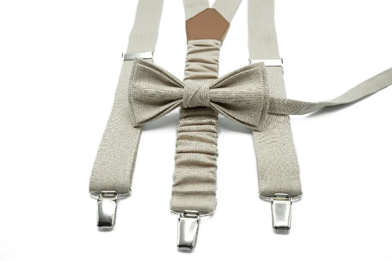 Best tie for a business lunch-Beige Linen Suspender & Bow Tie Set - Perfect for Toddlers, Boys, Men, and Groomsmen