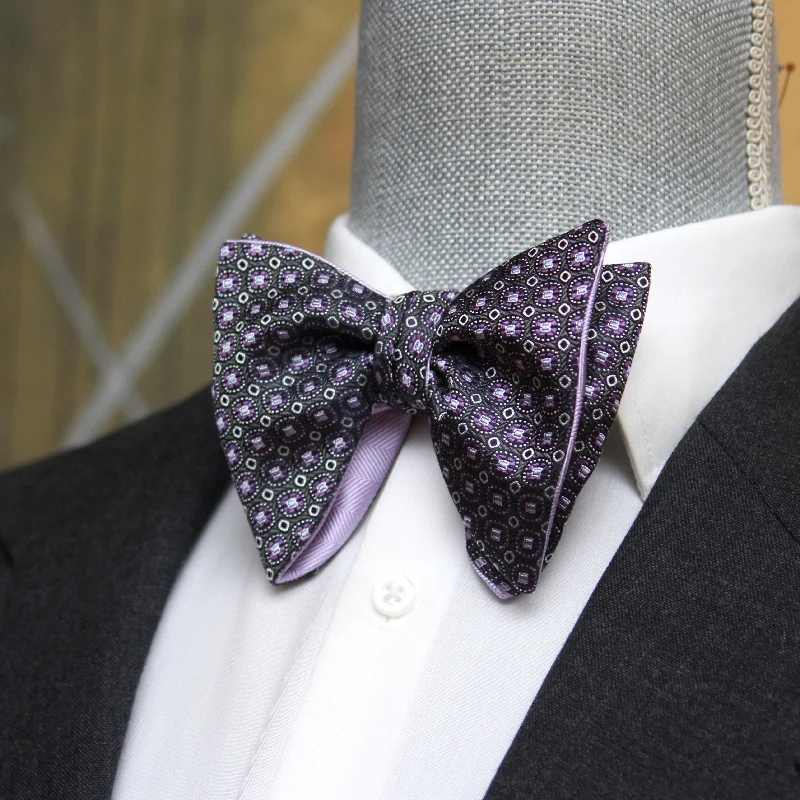 Men's tie with soft wool fabric-Big Butterfly Purple Plum with Light Lavender Silk Bow Tie