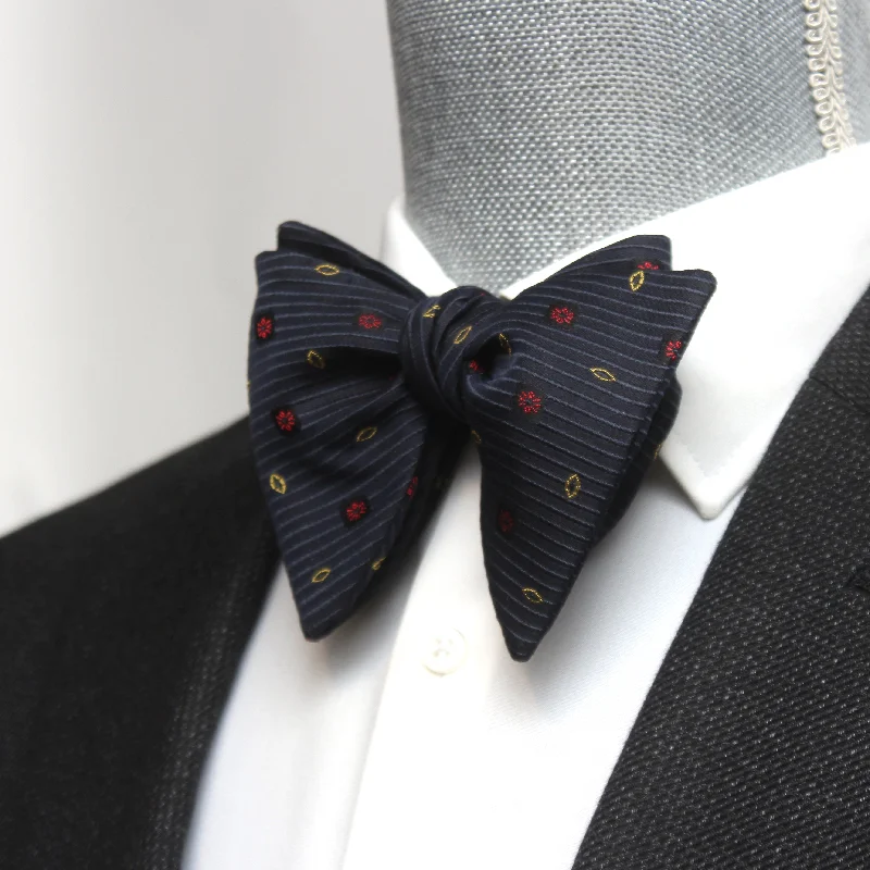 Designer men's tie with stripes-Big Butterfly Black Ornament Silk Bow Tie