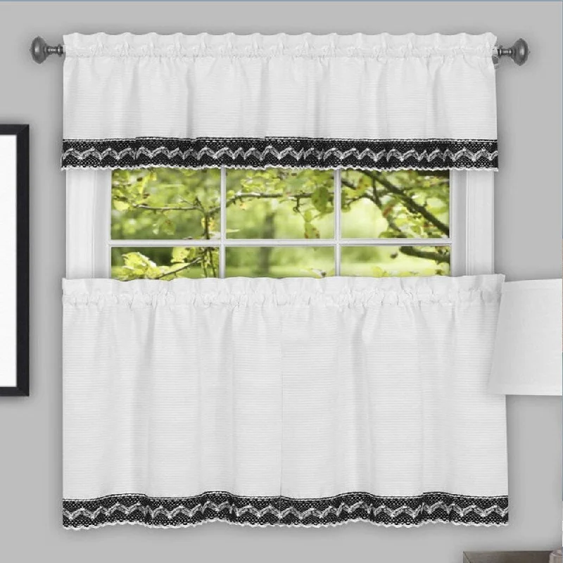 Men's tie for a formal brunch-Black and White Macrame Trimmed Decorative Window Curtain Separates with Tier Pair and Valance Options