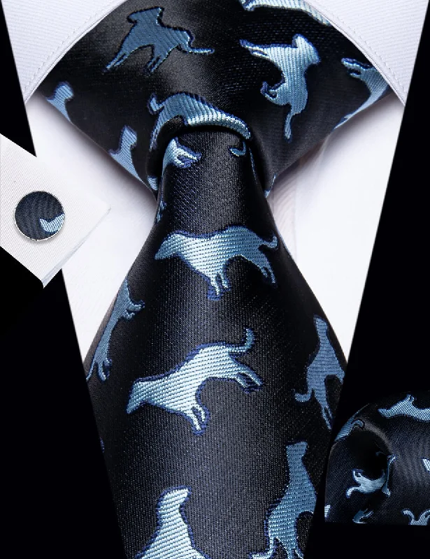 Men's tie with geometric shapes for parties-YourTies Black Blue Puppy Pattern Men's Tie Handkerchief Cufflinks Set