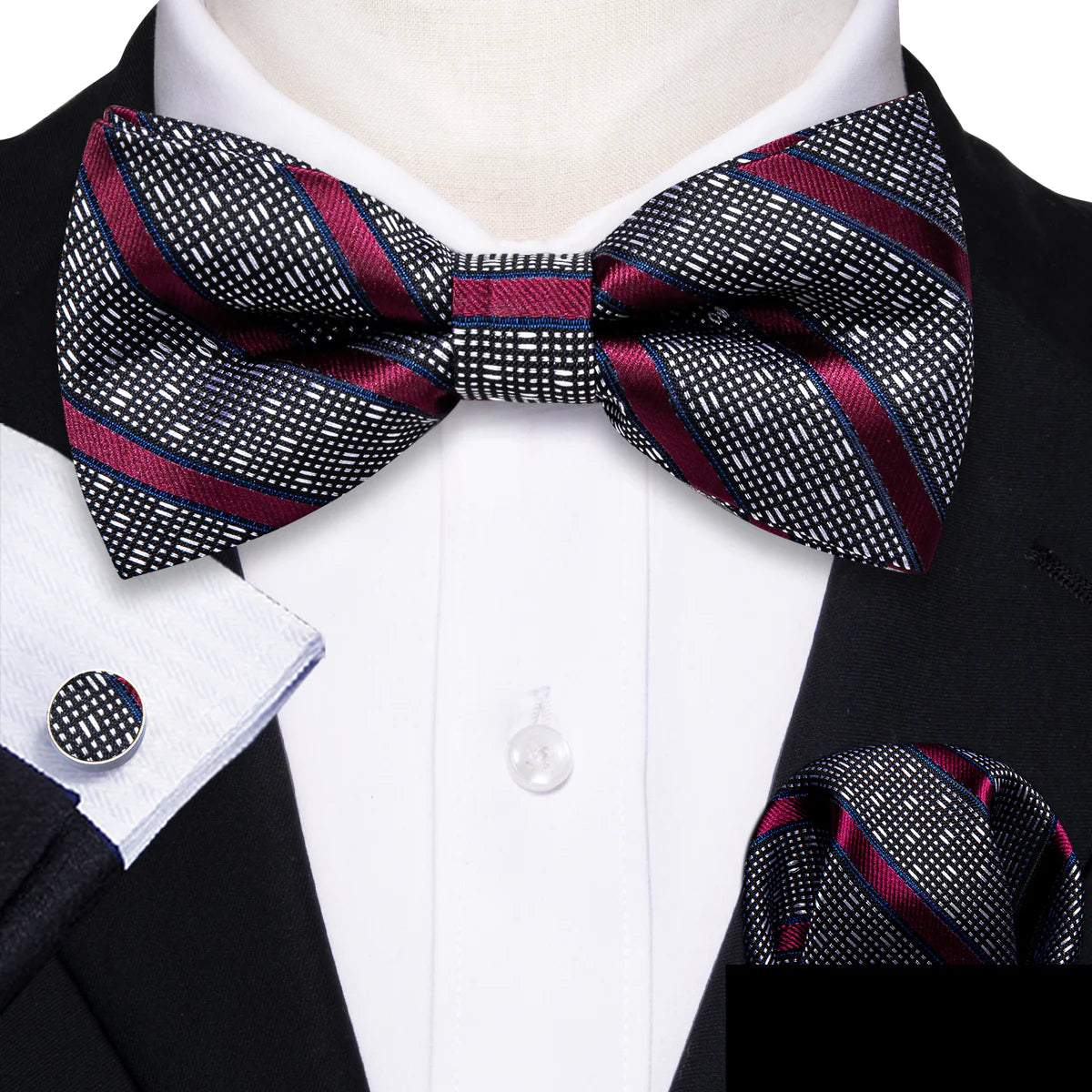 Affordable men's tie with chic patterns-Black Burgundy Striped Pre-tied Bow Tie Pocket Square Cufflinks Set