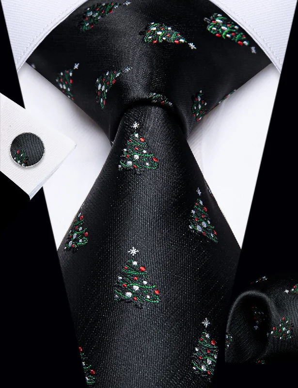 Men's tie with classic solid design-YourTies Black Christmas Tree Men's Necktie Pocket Square Cufflink Set