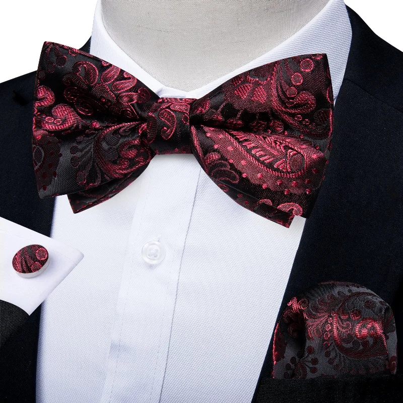 Elegant men's tie for office meetings-BLACK CLARET FLORAL SILK MEN'S PRE-BOWTIE POCKET SQUARE CUFFLINKS SET- LH-7090