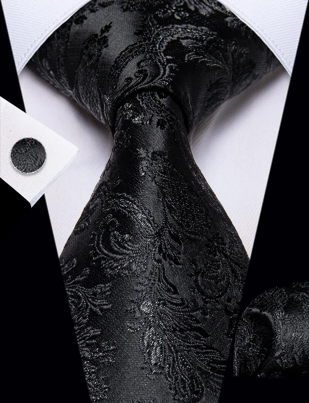 Best men's tie for gala events-YourTies Black Floral Leaf Men's Necktie Pocket Square Cufflinks Set