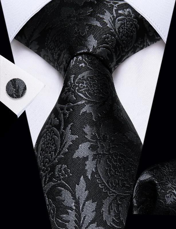 Professional men's silk tie-YourTies Black Tie Floral Men's Necktie Pocket Square Cufflinks Set