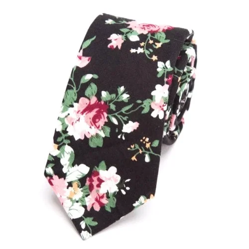 Men's tie with trendy colors for office wear-Classy Men Black Floral Skinny Cotton Tie