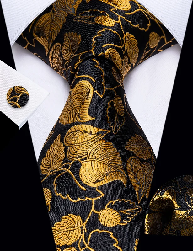 Best men's tie with solid colors for interviews-YourTies Black Gold Floral Men's Necktie Pocket Square Cufflinks Set