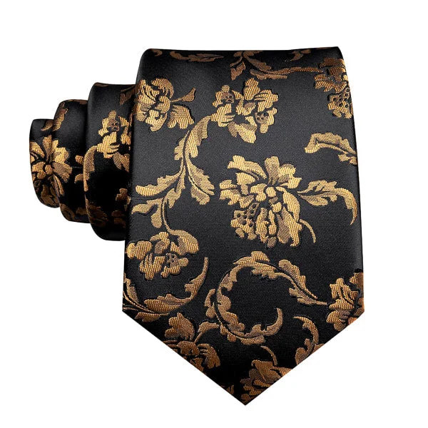 Unique silk tie for office professionals-Classy Men Black Gold Floral Silk Tie