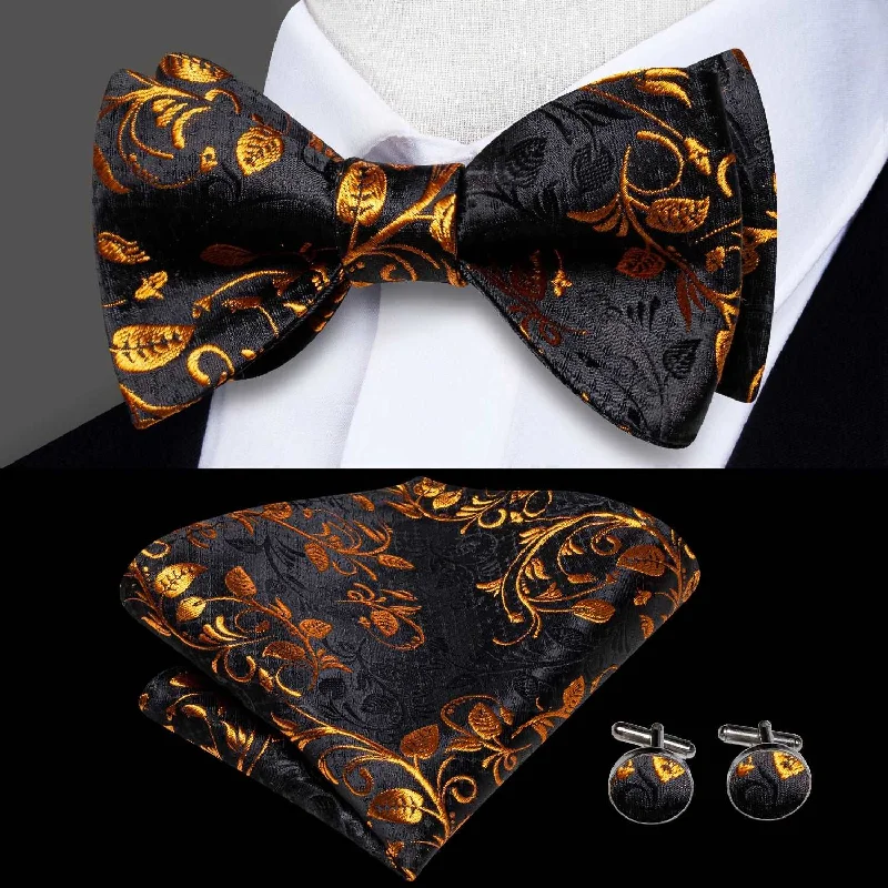 Best men's tie with solid colors for interviews-Black Golden Floral Pre-tied Bow Tie Pocket Square Cufflinks Set