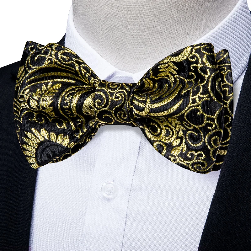 Men's tie with warm color tones for fall-Black Golden Silk Bowtie Pocket Square Cufflinks Set