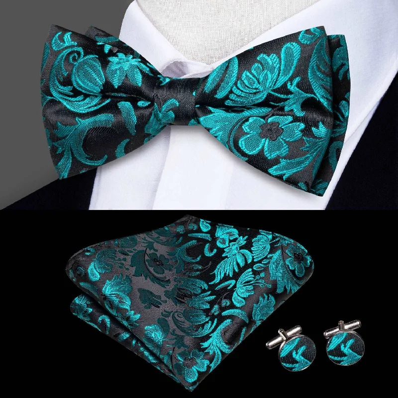 Best men's tie for wedding receptions-Black Green Floral Pre-tied Bow Tie Pocket Square Cufflinks Set