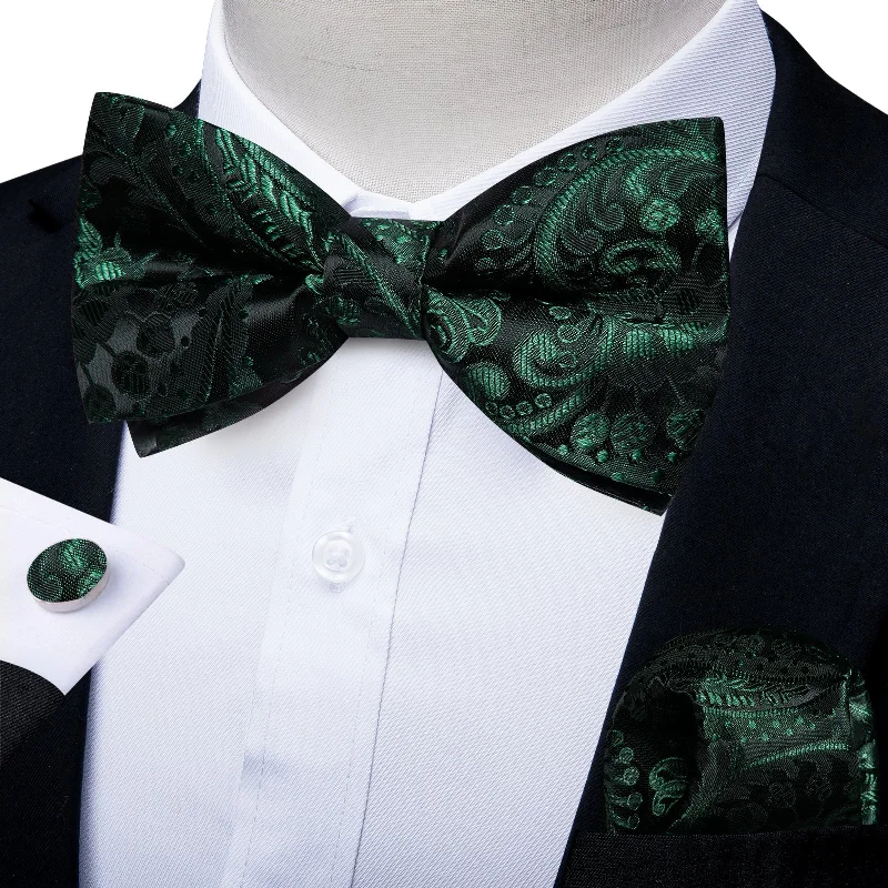 Professional men's tie for presentations-BLACK GREEN FLORAL SILK BOWTIE POCKET SQUARE CUFFLINKS SET-LH-7086