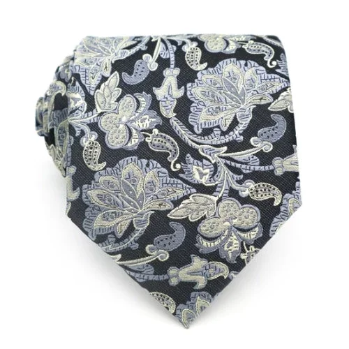 Men's tie with modern abstract texture-Classy Men Black Grey Floral Silk Tie