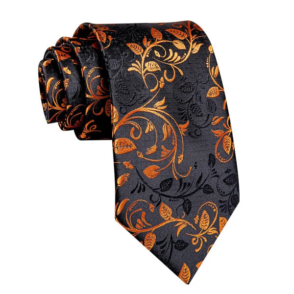 Men's tie for outdoor parties-Classy Men Black Orange Floral Silk Tie