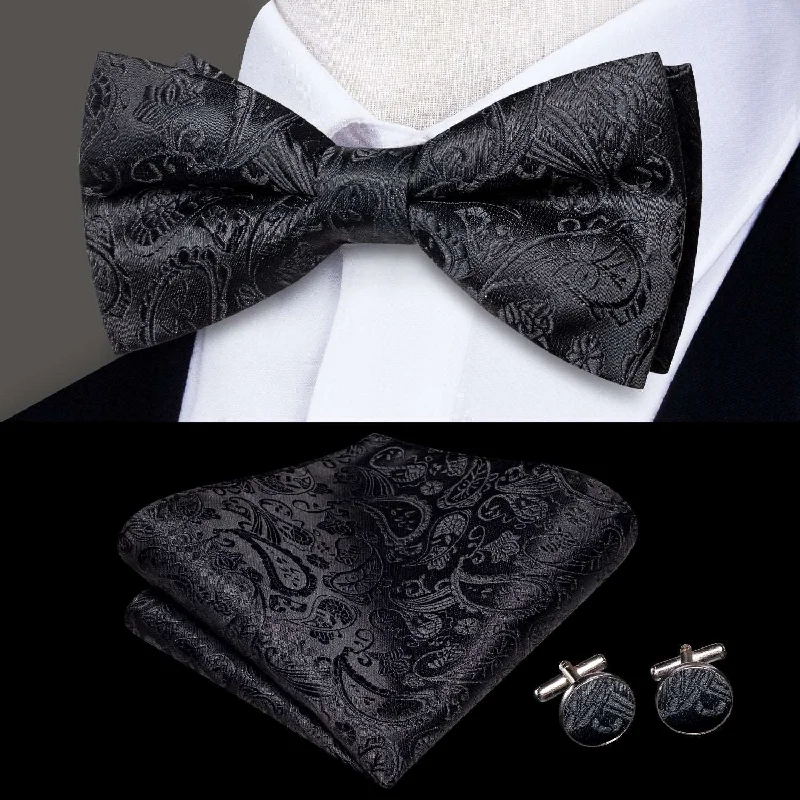 Unique tie for business casual outfits-Black Paisley Pre-tied Silk Bow Tie Pocket Square Cufflinks Set