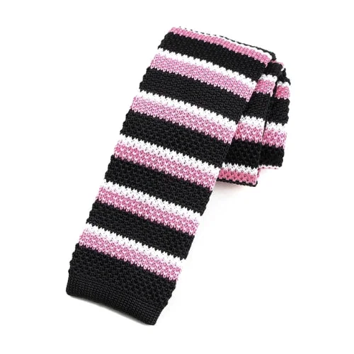 Unique men's tie for formal occasions-Classy Men Black Pink Striped Square Knit Tie